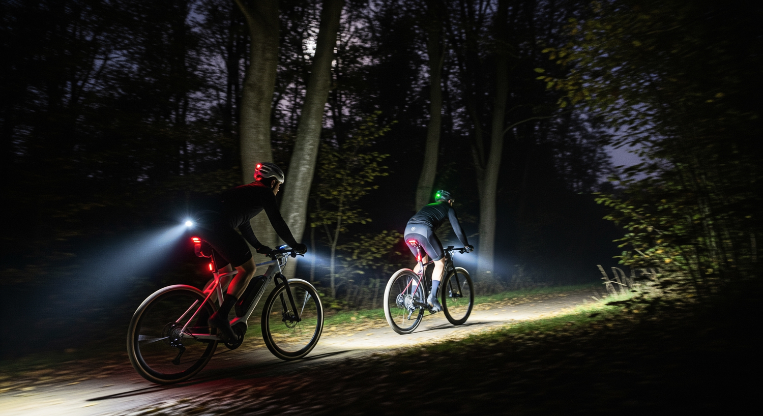 Zwei Radfahrr fahren durch den nächtlichen Wald mit LED Lichtern
